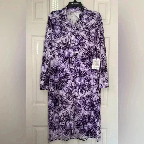 LULAROE Midi Shirt Dress Purple Tie Dye Starburst Midi Button Up V-Neck Shift M - Picture 2 of 15